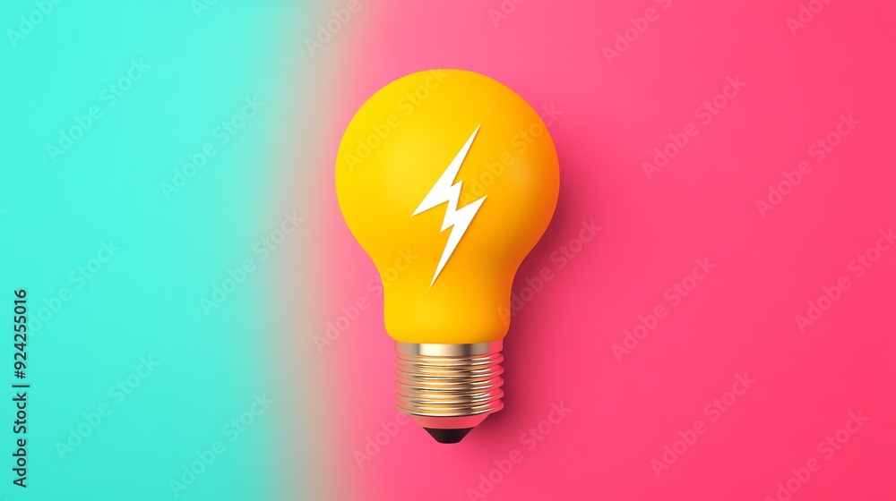Vibrant yellow light bulb with a lightning bolt design on a colorful background. Ideal for energy and creativity themes. Vibrant yellow light bulb with a lightning bolt design on a colorful background. Ideal for energy and creativity themes.