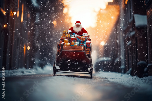 Santa Claus delivering gifts through a snowy street at sunrise photo