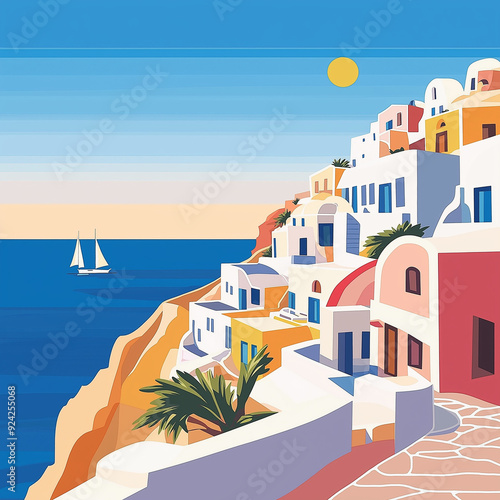 Santorini Landscape, Greek Architecture, Sunset Over The Mediterranean, Bright Colors, Poster, Postcards