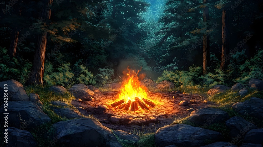 Glowing Campfire in Mystical Forest at Night with Towering Trees and Lush Undergrowth Glowing Campfire in Mystical Forest at Night with Towering Trees and Lush Undergrowth