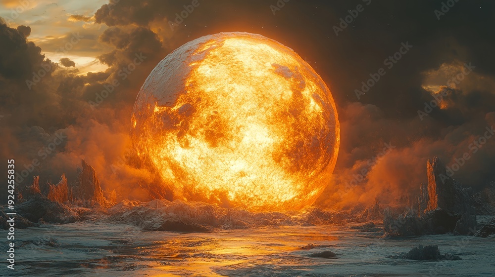 Fiery Celestial Body Rising Over Frozen Landscape Fiery Celestial Body Rising Over Frozen Landscape