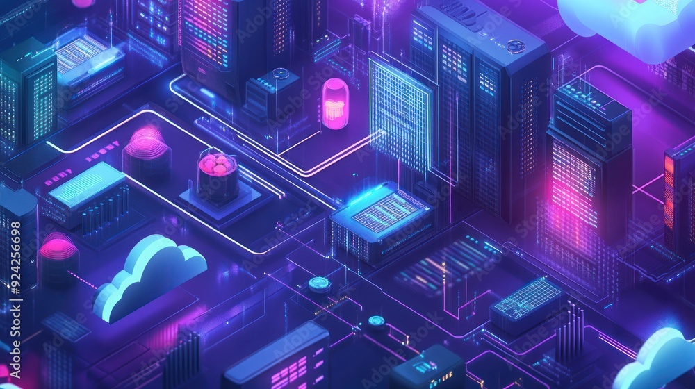 Digital Infrastructure: A Futuristic Cityscape of Servers and Networks Digital Infrastructure: A Futuristic Cityscape of Servers and Networks
