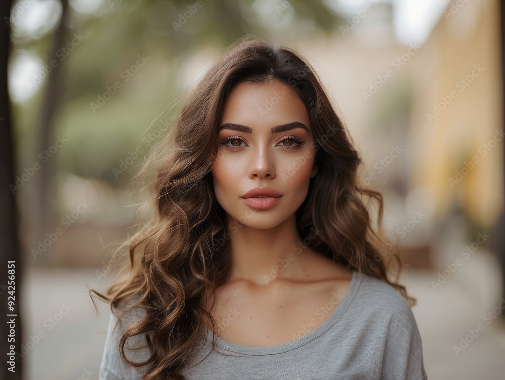Obraz premium Portrait of a Woman with Brown Hair and Makeup