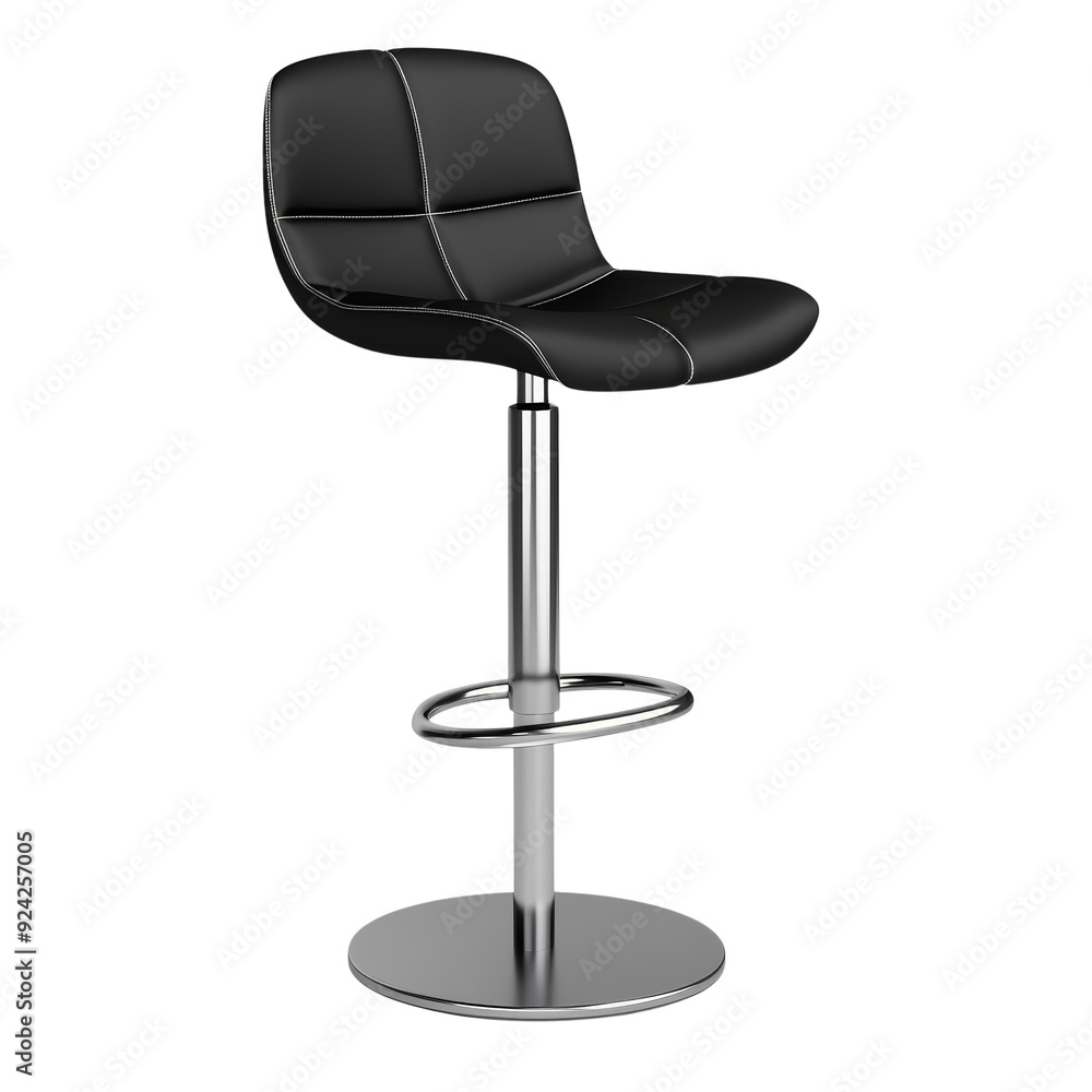Modern black bar stool with chrome base and footrest on transparent background Modern black bar stool with chrome base and footrest on transparent background