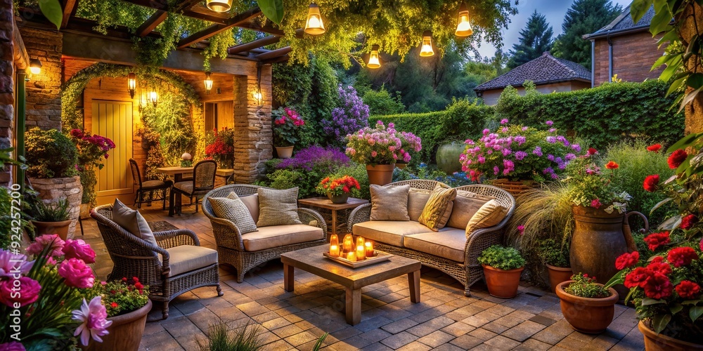 Obraz premium Serenely lit patio surrounded by lush greenery, vibrant flowers, and rustic decor, evoking feelings of tranquility and rejuvenation in a peaceful outdoor oasis.