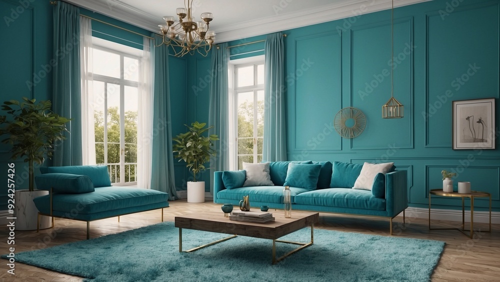 Fototapeta premium Luxurious teal living room setting with elegant furniture and decor