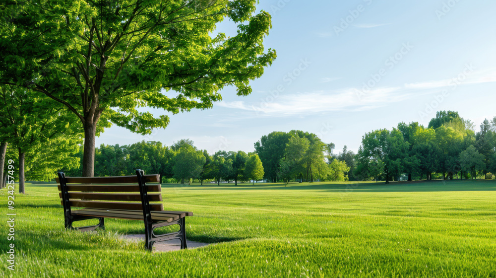 A serene park bench under a tree, overlooking a vast, well-maintained grassy field, surrounded by lush green trees on a sunny day. A serene park bench under a tree, overlooking a vast, well-maintained grassy field, surrounded by lush green trees on a sunny day.