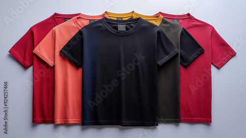 A collection of men’s t-shirts in various colors, including black, red, orange, and tan, neatly displayed side by side on a light background. The assortment showcases the versatility and style options photo