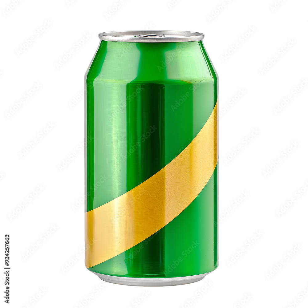 Green aluminum can with gold diagonal stripe for soda or beer isolated on transparent background Green aluminum can with gold diagonal stripe for soda or beer isolated on transparent background