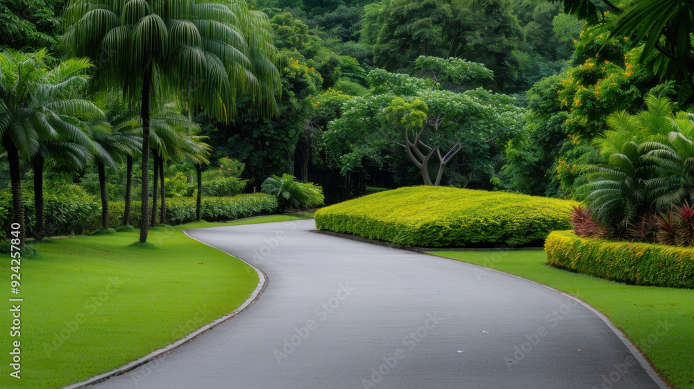 Winding pathway in a tropical park surrounded by dense greenery, palm trees, and well-manicured shrubs, offering a serene outdoor setting. Winding pathway in a tropical park surrounded by dense greenery, palm trees, and well-manicured shrubs, offering a serene outdoor setting.