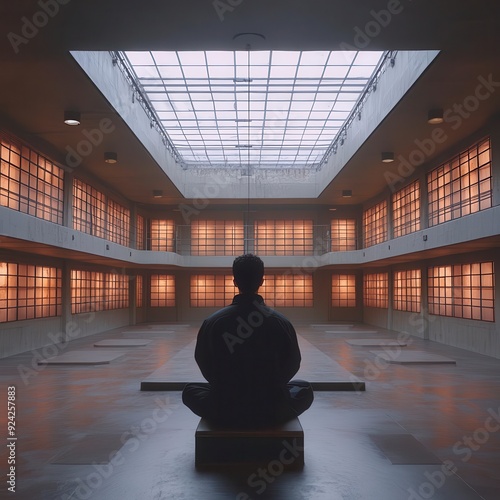 A lone figure meditates in a minimalist space with a skylight