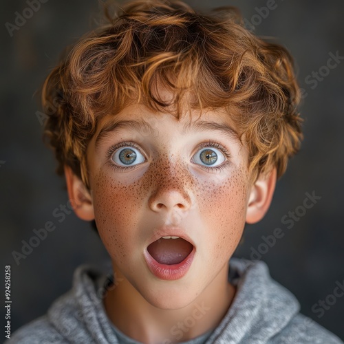 A young boy with curly red hair and freckles stares in amazement