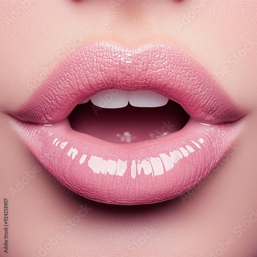 Close-up of glossy pink lips slightly parted revealing a glimpse of white teeth