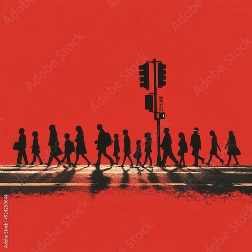 Silhouettes of pedestrians crossing a street with a traffic light in the background