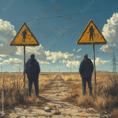 Two figures stand facing each other on a desolate road flanked by warning signs