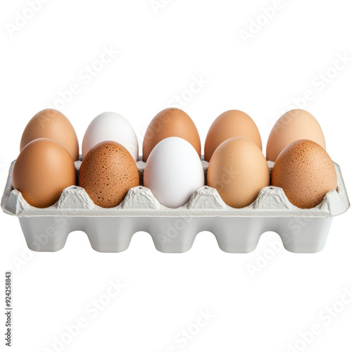 Ten brown and white eggs in a cardboard egg carton isolated on white. photo