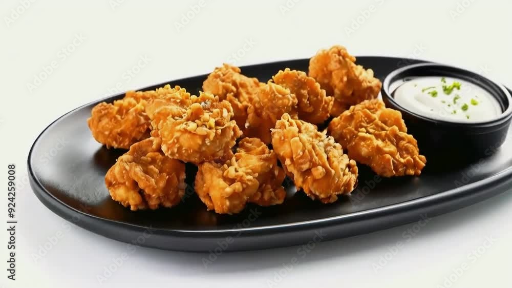 A plate of chicken nuggets showcasing the crispy golden-brown with a side of dipping sauce, served on a black plate, isolated on a white background A plate of chicken nuggets showcasing the crispy golden-brown with a side of dipping sauce, served on a black plate, isolated on a white background