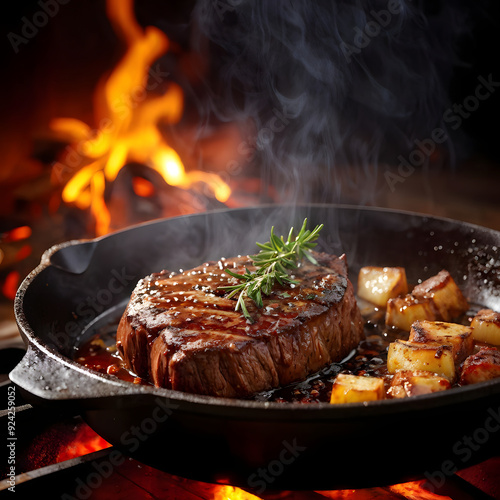 Cooked black angus prime beef ribeye steak on cast iron grilling pan with herbs, butter and spices
 photo