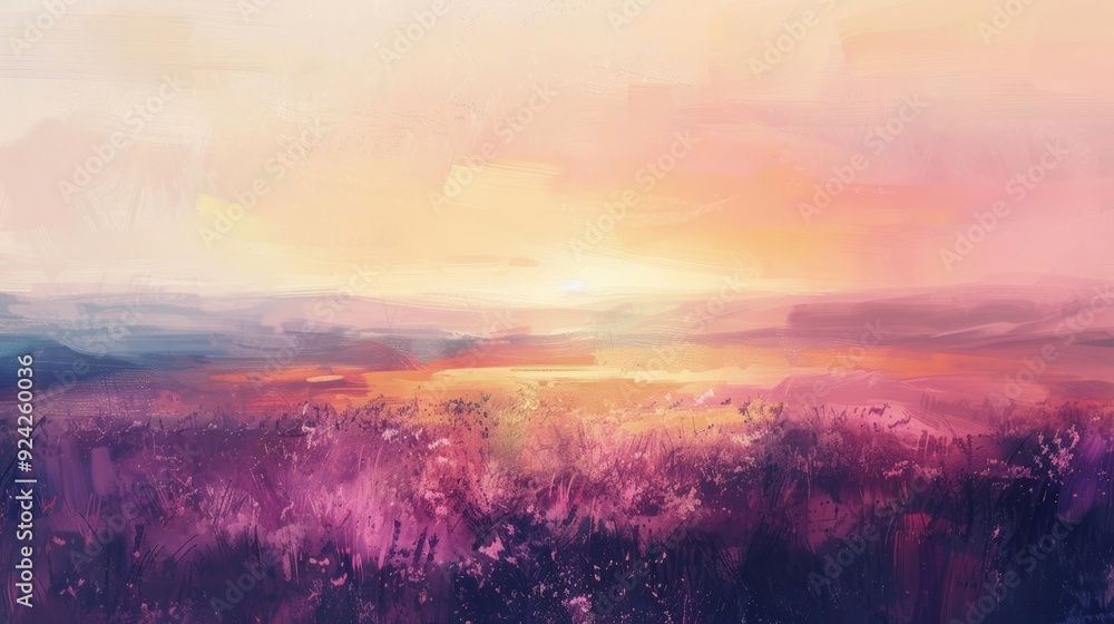 Fototapeta premium A serene landscape painting with a fluid blend of pastel pink lavenders and hues of orange as the sunset fades