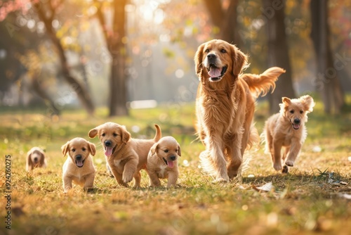 Adorable puppies eagerly frolic alongside their proud parent dogs spreading joy and laughter in the sunny park