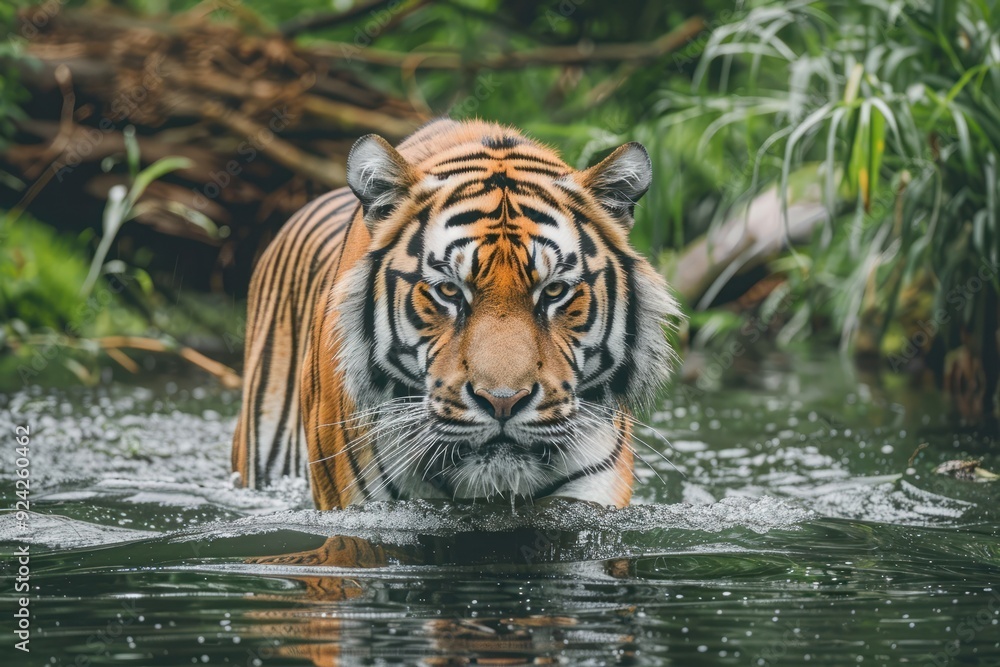 Naklejka premium Amur tiger walking in the water. Dangerous animal. Animal in a green forest stream