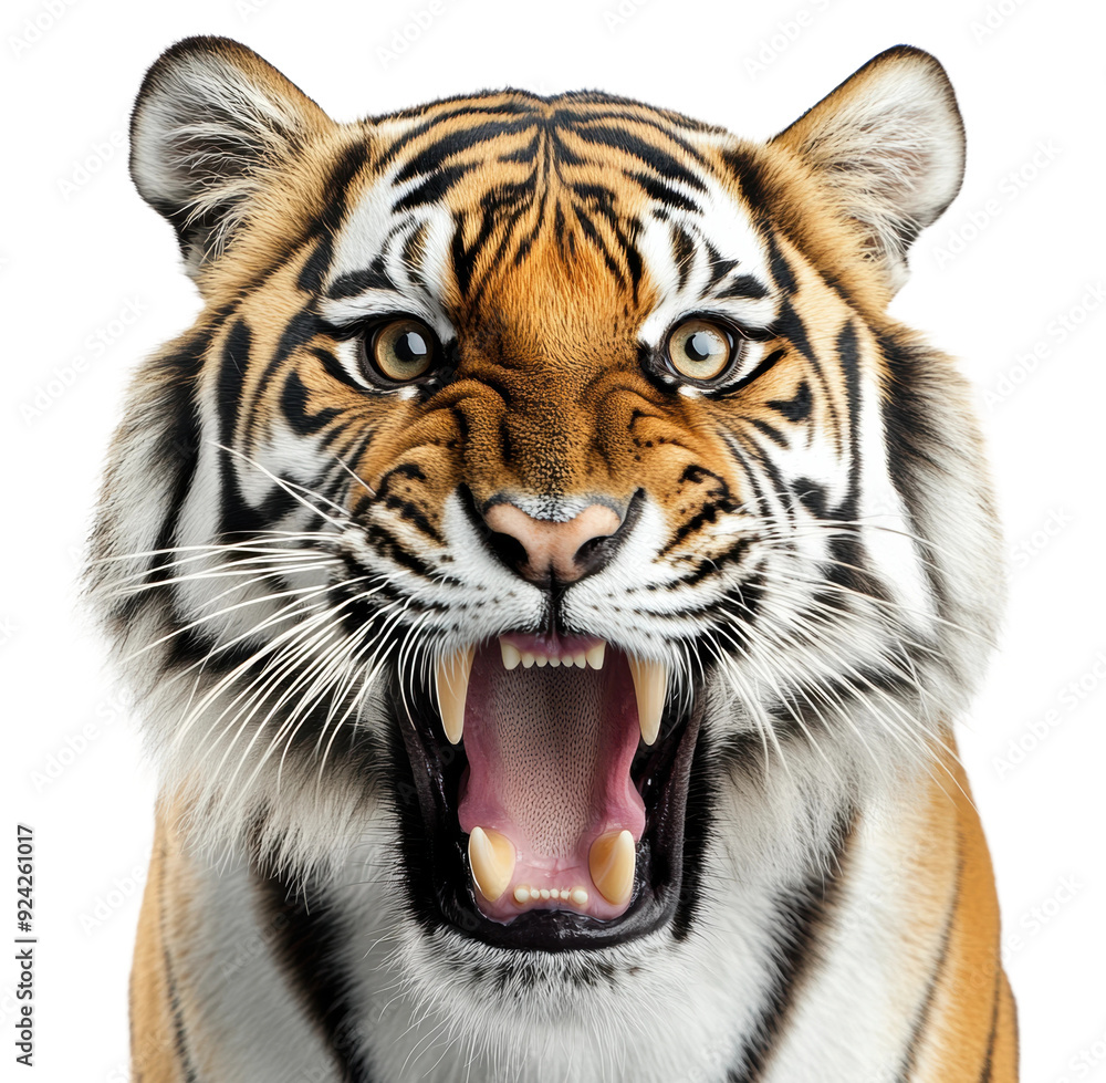 Fototapeta premium A roaring tiger displays its powerful presence against a white background, showcasing its vibrant fur and fierce expression, cut out - stock png.