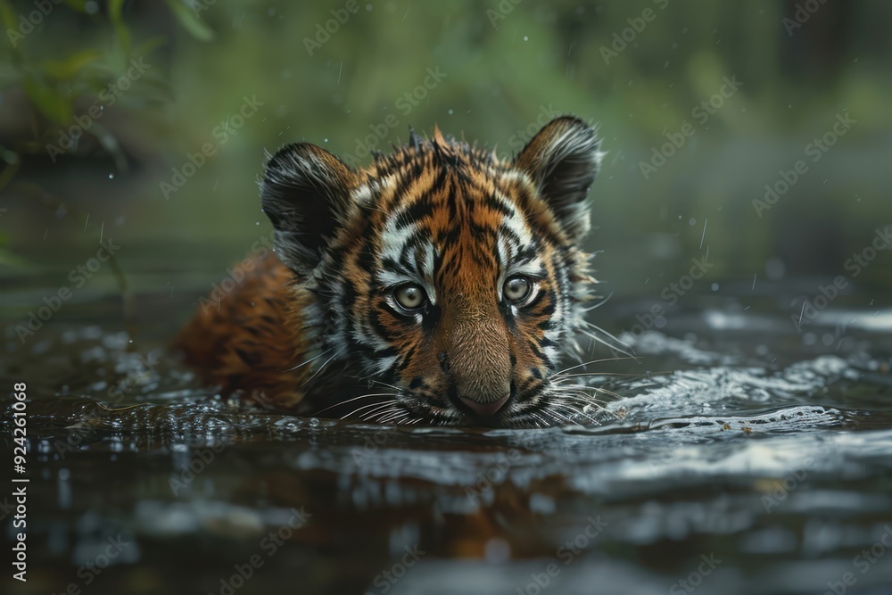 A tiger cub wades through the water in the taiga, or boreal forest A tiger cub wades through the water in the taiga, or boreal forest