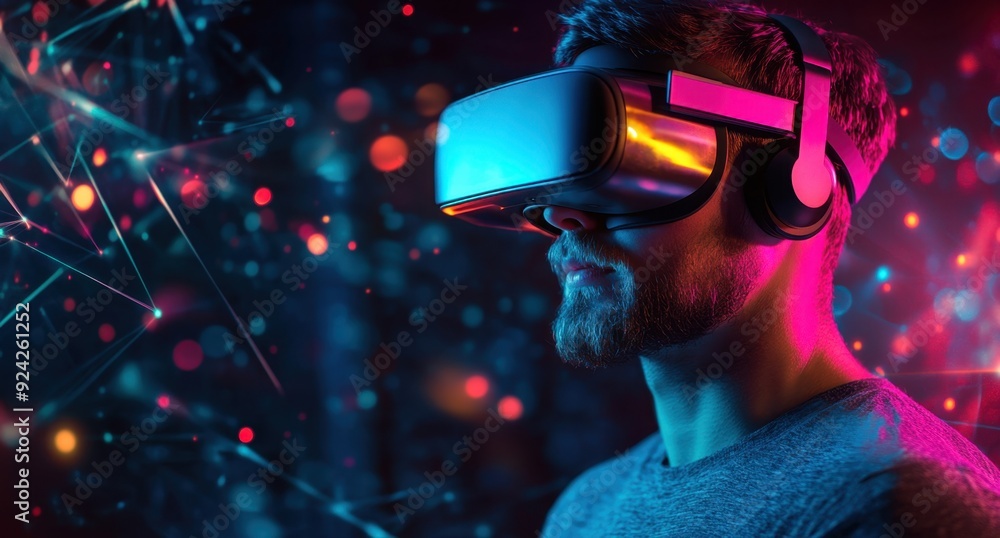 A person using virtual reality headset watching something in a highly advanced setting with neon lights inside, futuristic concept photography A person using virtual reality headset watching something in a highly advanced setting with neon lights inside, futuristic concept photography