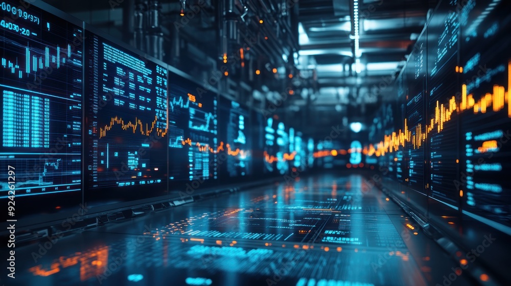 Fototapeta premium Data Center with Screens Showing Financial Data