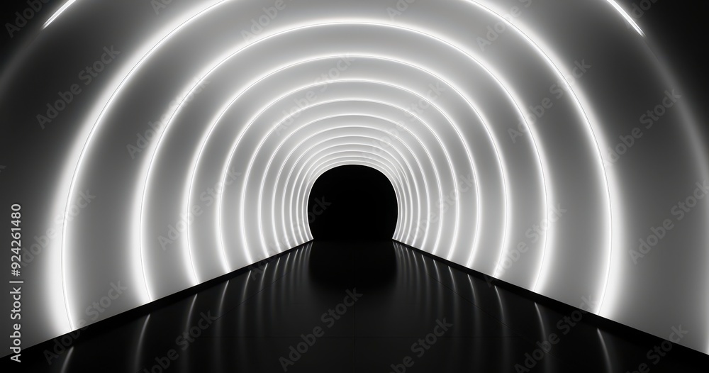 Fototapeta premium White Neon Lights Forming Circular Tunnel Leading to Darkness