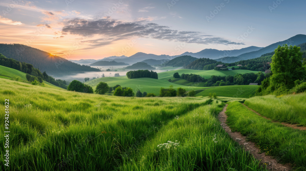 A breathtaking sunrise over lush green hills and valleys, with a dirt path leading through the serene countryside landscape. A breathtaking sunrise over lush green hills and valleys, with a dirt path leading through the serene countryside landscape.
