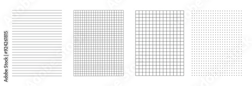 Lines paper page isolated, dots and cells notebook pattern, technical blank, grid banner set, square graph project texture, mockup template copybook, school checkered sheet backdrop