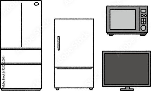 シンプルなタッチ　冷蔵庫とテレビと電子レンジのイラストレーション
