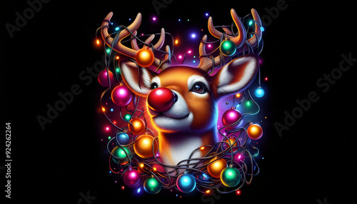 Adorable Rudolph Tangled in Colorful Christmas Lights - Perfect for Holiday Cards