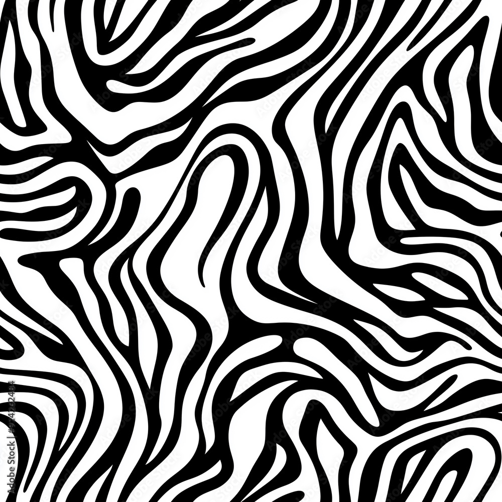 Striking black and white seamless pattern with abstract zebra-like stripes, exuding a bold and dynamic feel. Striking black and white seamless pattern with abstract zebra-like stripes, exuding a bold and dynamic feel.