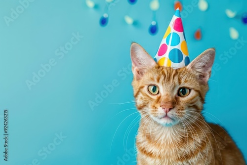 Cat with birthday hat, kitty birthday, isolated on blue background