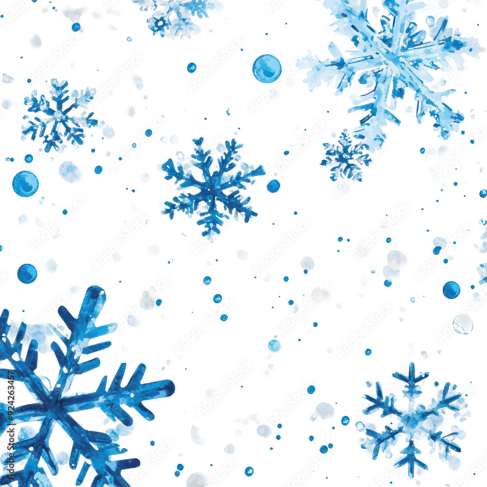 Blue snowflakes and dots create a serene winter pattern on a white background, cut out - stock png. Blue snowflakes and dots create a serene winter pattern on a white background, cut out - stock png.