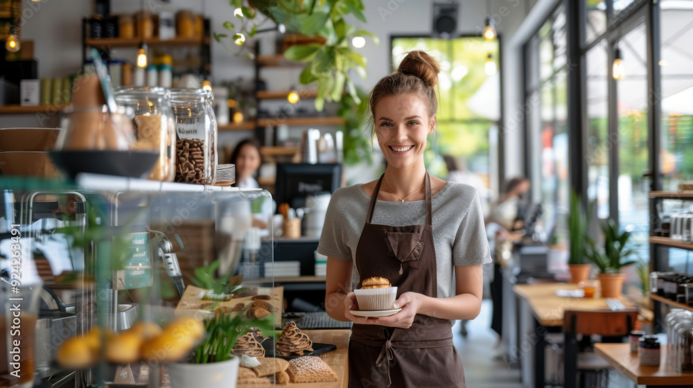 A cheerful barista with an apron, holding a dessert in a cozy cafe, surrounded by baked goods and plants. A cheerful barista with an apron, holding a dessert in a cozy cafe, surrounded by baked goods and plants.