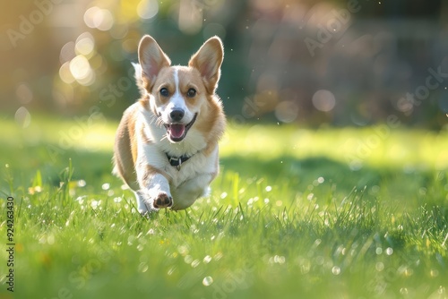 Corgi runs green grass.