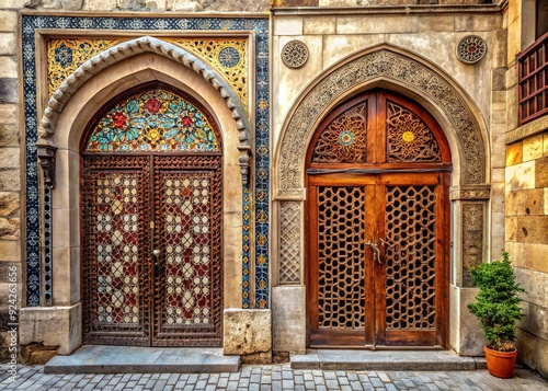 Ancient stone gates and ornate metal doors adorn historic streets of Turkish cities, evoking mystery and charm in public spaces with intricate arabesque patterns. photo