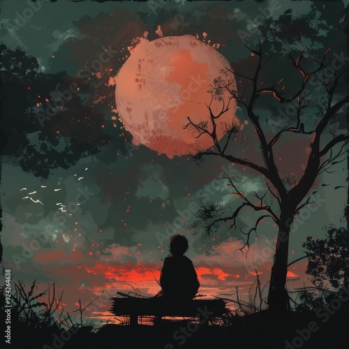 A lone figure sits beneath a large red moon contemplating the vastness of the sky