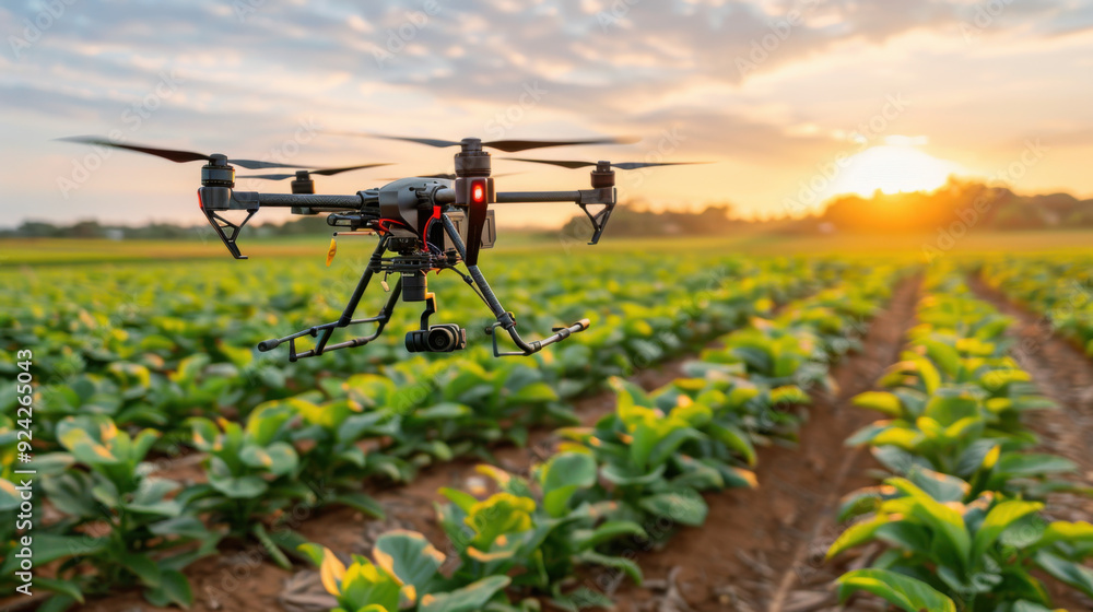 A drone with a camera flies over a green crop field at sunset, used for precision farming and agricultural monitoring. A drone with a camera flies over a green crop field at sunset, used for precision farming and agricultural monitoring.