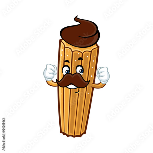 A cartoon churro with a chocolate topping flexes its muscles and sports a confident mustache.