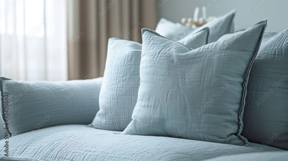 Obraz premium Adorned with a light gauzy fabric in a beautiful pale blue hue this sofa adds a touch of ethereal softness to any living space.
