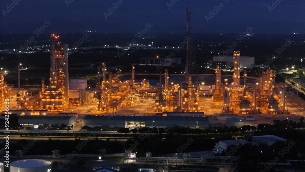 Fototapeta premium High angle view of industrial plant with pipes and tanks for mixing chemicals and gases at night.