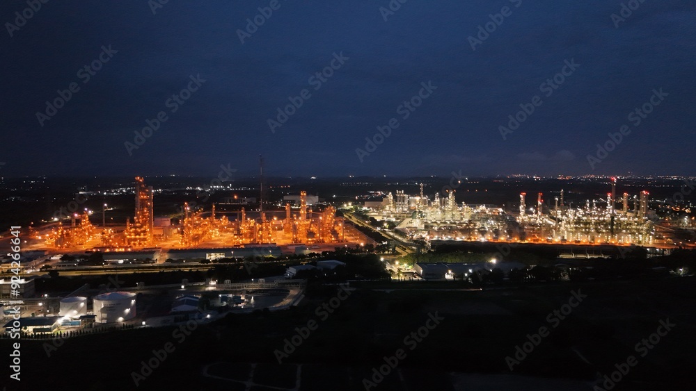 Naklejka premium High angle view of industrial plant with pipes and tanks for mixing chemicals and gases at night.