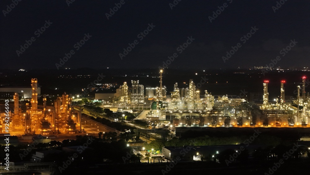 Fototapeta premium High angle view of industrial plant with pipes and tanks for mixing chemicals and gases at night.