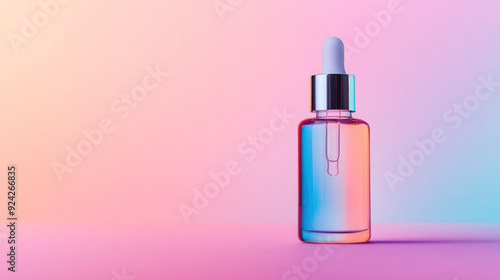 colorful beauty serum bottle on a pastel gradient background for skincare products, with copy space for text