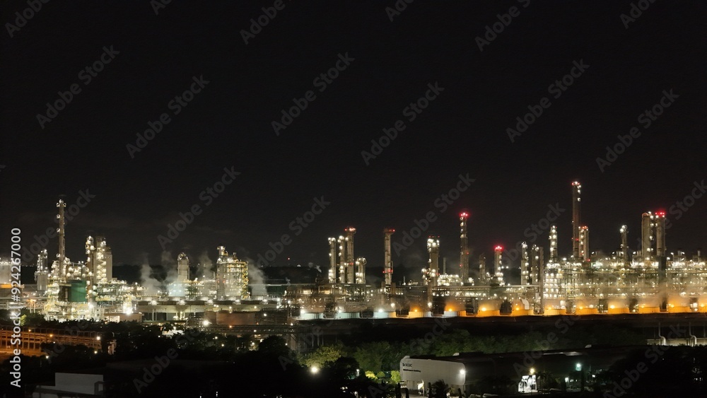 High angle view of industrial plant with pipes and tanks for mixing chemicals and gases at night. High angle view of industrial plant with pipes and tanks for mixing chemicals and gases at night.