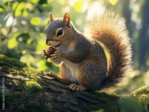 Curious Grey Squirrel Perched on Oak Branch Enjoying an Acorn, Nature's Delicacy. Wildlife and Forest Habitat in a Serene Setting.